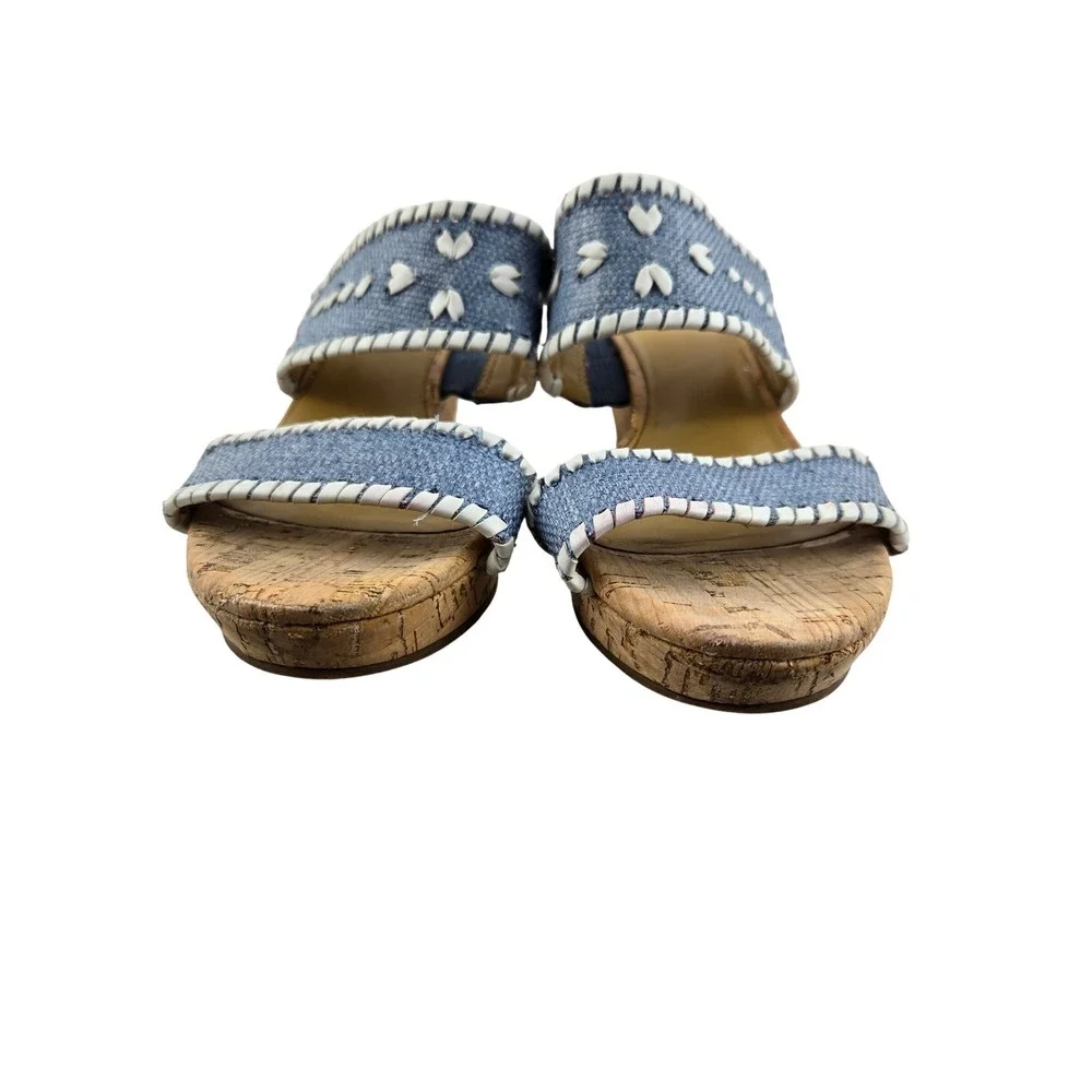Jack Rogers Blue‎ Denim Whipstitch Cork Wedge Sandals Womens 7 M Floral Slides